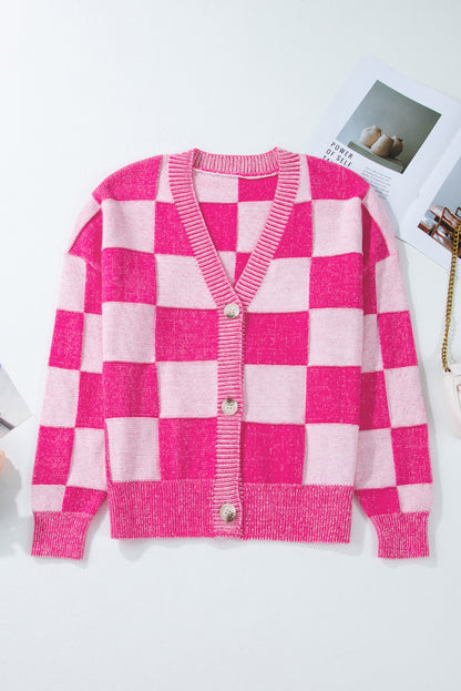 Orange Checkered Drop Shoulder Buttoned V Neck Cardigan