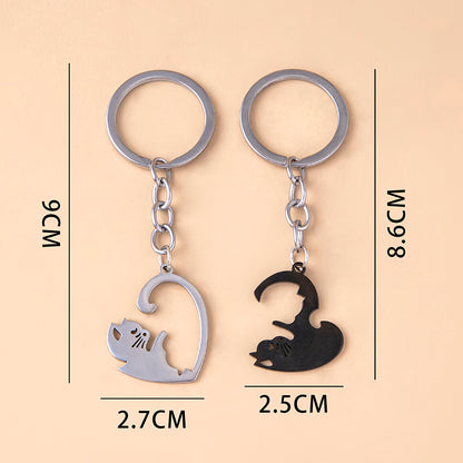 Love Heart Black White Cats Stainless Steel Couple Keychains