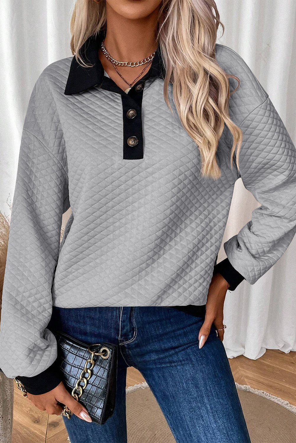 Light Grey Textured Colorblock Edge Buttoned Collar Sweatshirt