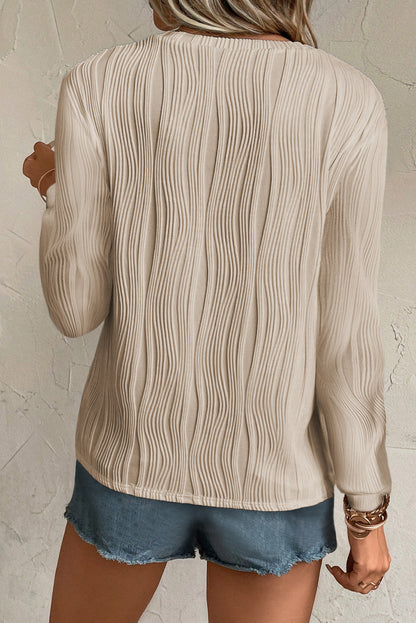 White Textured Wavy Round Neck Long Sleeve Top