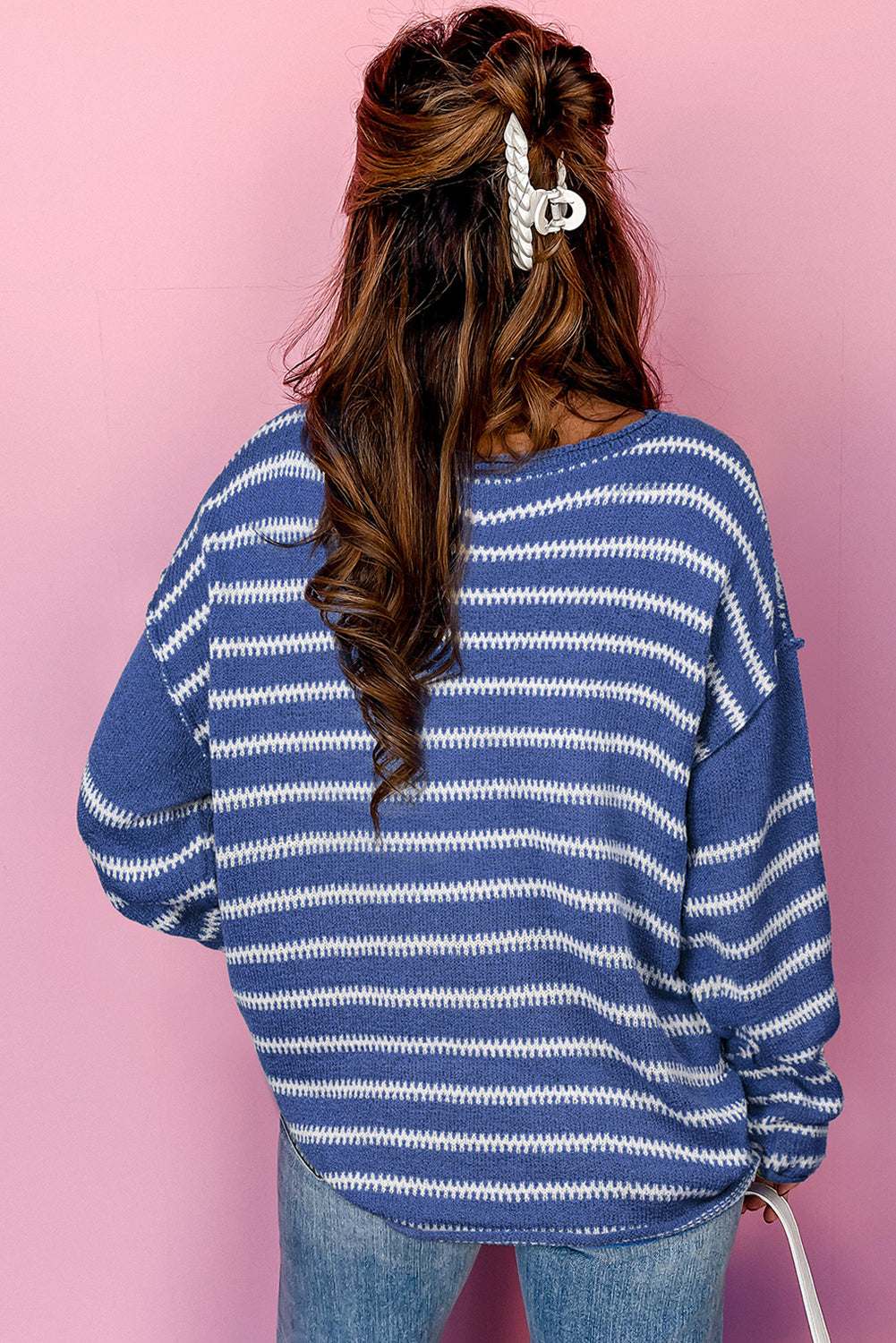 Green Stripe Drop Shoulder Casual Sweater