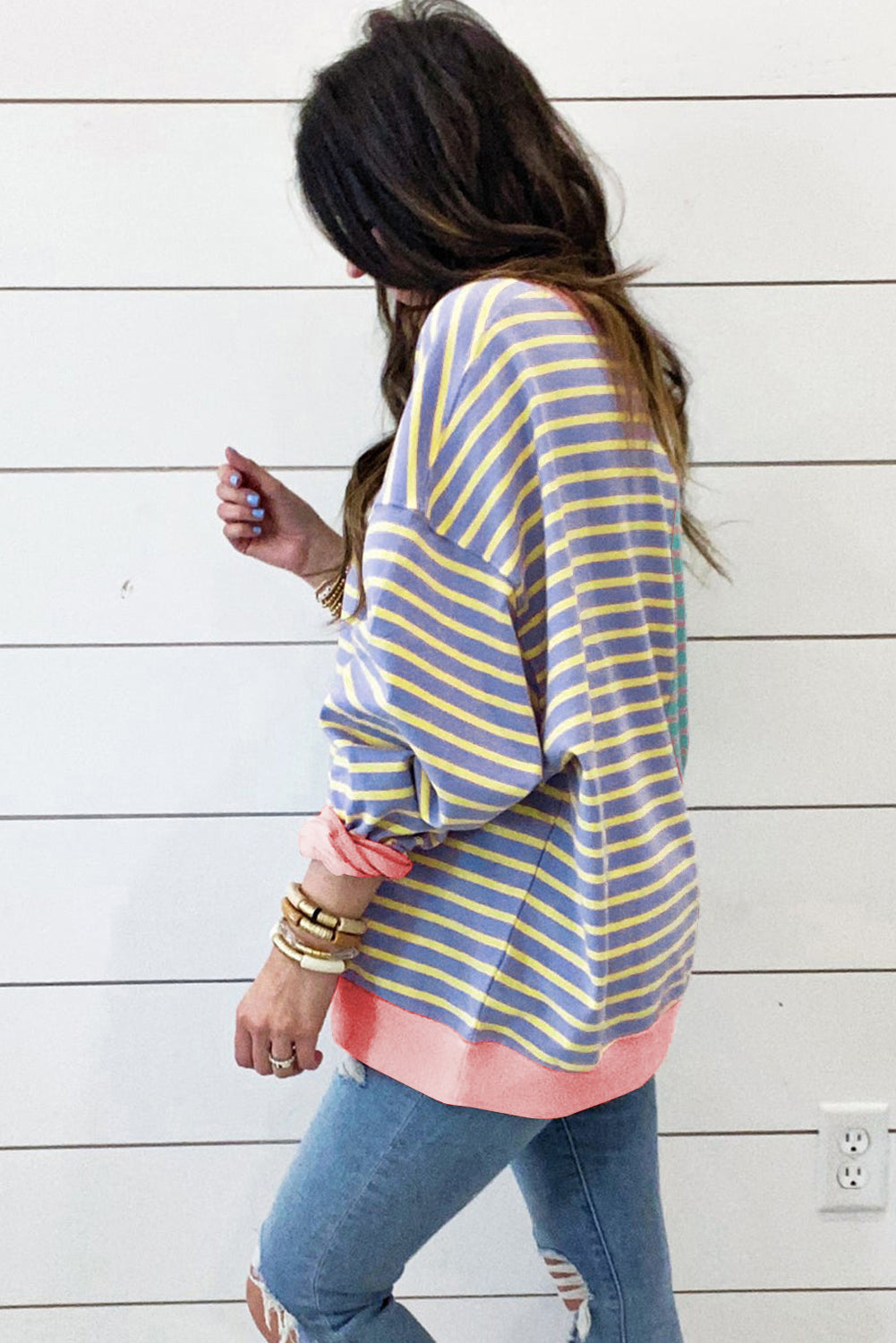 Green Stripe Casual Stripe Colorblock Drop Shoulder Oversize Sweatshirt