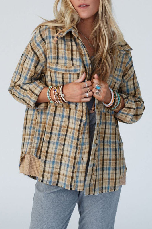 Ashleigh Blue Waffle Knit Patchwork Hooded Plaid Shacket