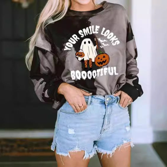 Women's Halloween Ghost Pattern Round-neck Sweater