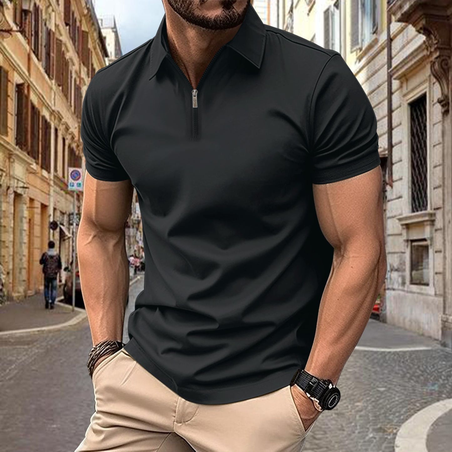 Zipper And Lapel Top Polo Shirt Men