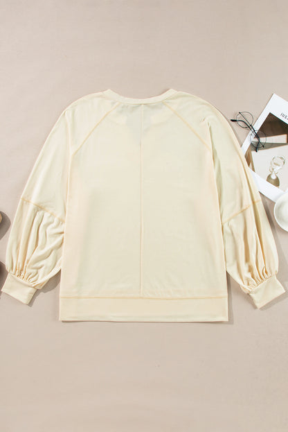 Apricot Exposed Stitching Notched Neckline Long Sleeve Top