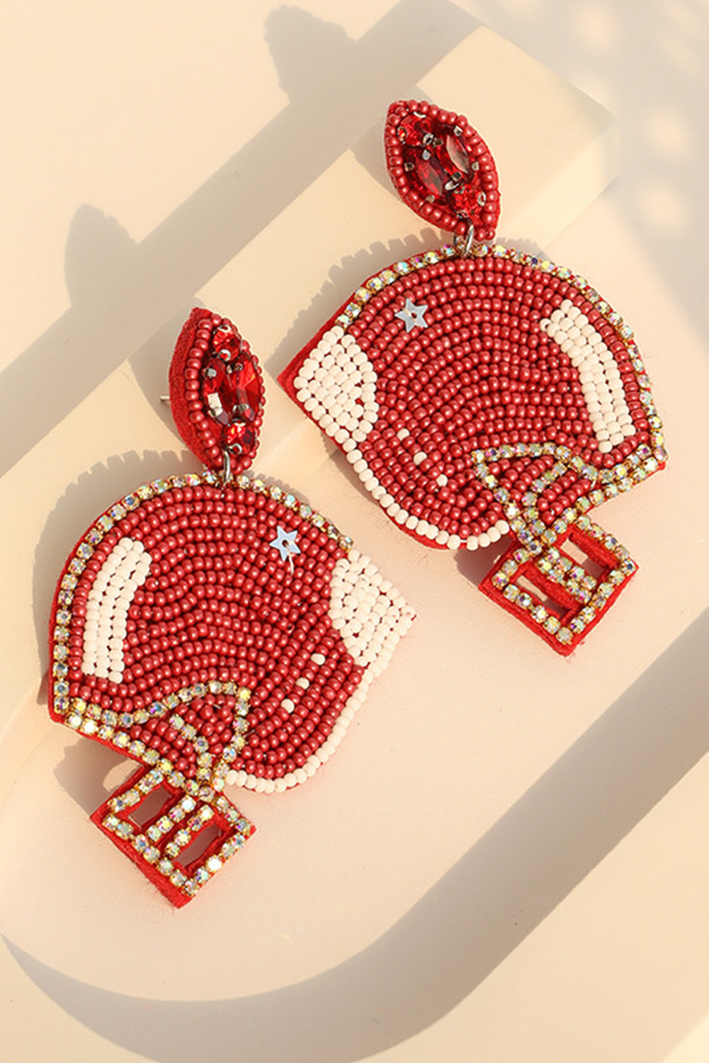 Fiery Red Game Day Rice Beaded Football Helmet Dangle Earrings