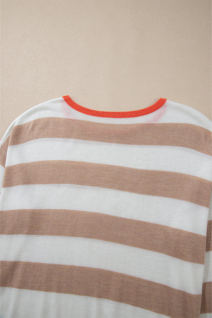 Apricot Colorblock Striped Round Neck Drop Shoulder Sweater