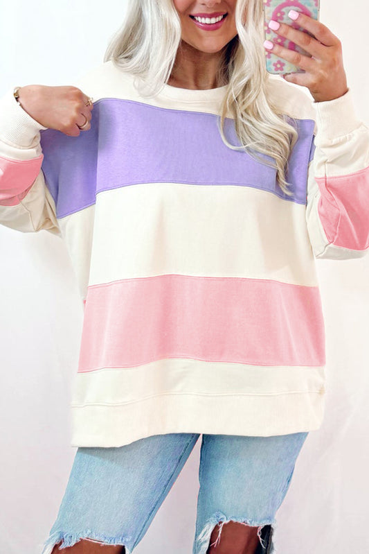 Beige Colorblock Patchwork Drop Shoulder Crewneck Sweatshirt