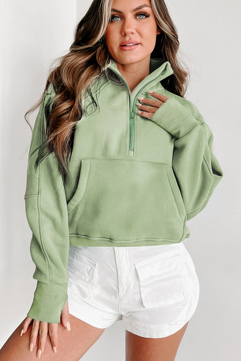 Flamingo Fleece Lined Zip Up Stand Collar Thumbhole Sleeve Sweatshirt