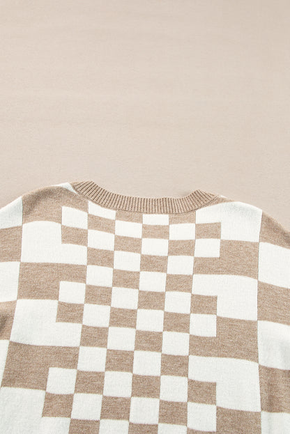 Gray Checkered Print Drop Shoulder Round Neck Sweater