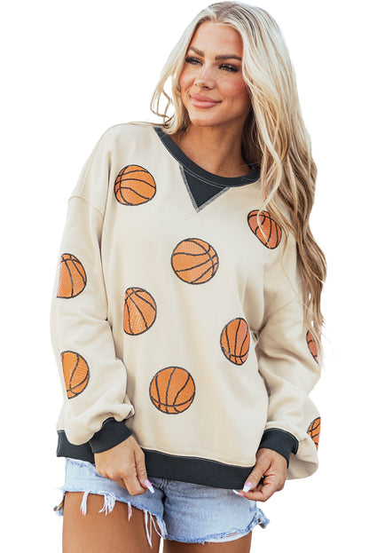 White Sequin Basketball Graphic Colorblock Edge Sweatshirt