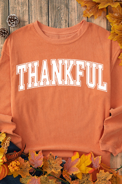 Orange THANKFUL Ribbed Crew Neck Pullover Sweatshirt