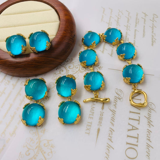 Retro Pure Copper Glaze Inlaid Suit Wenjin Heavy Industry Haze Blue Bracelet Ear Studs