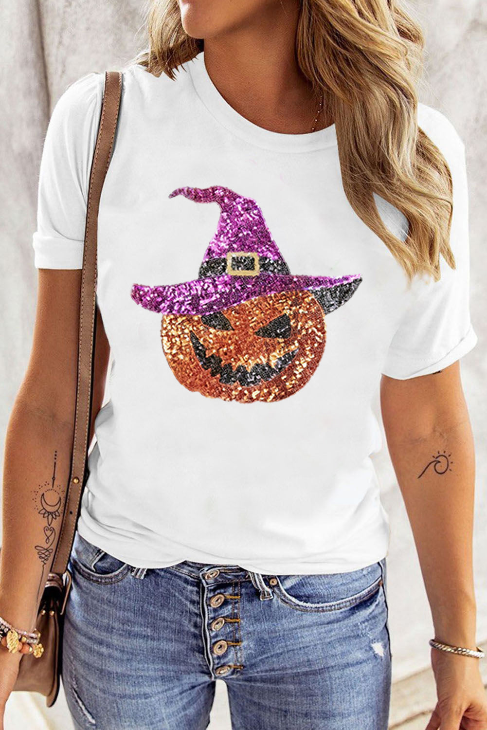 White Halloween Sequined Pumpkin Crewneck Graphic Tee