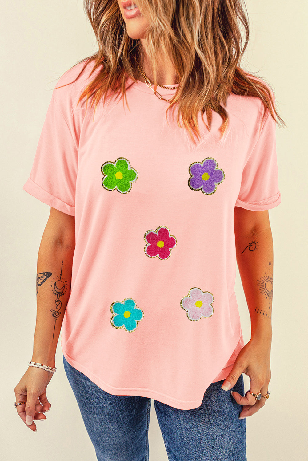 Pink Glittering Chenille Flower Patched Pattern Crewneck T Shirt