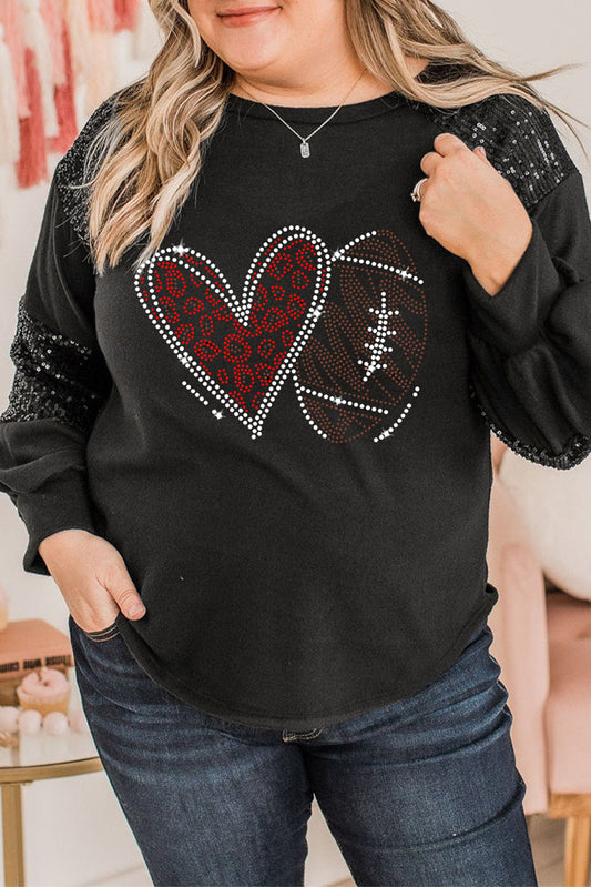 Black Rhinestone Heart Rugby Football Pattern Sequin Patched Sleeve Plus Size Top