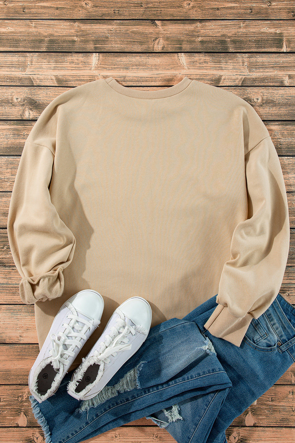 Apricot Solid Fleece Lined Drop Shoulder High Low Sweatshirt