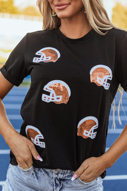 Black Sequin Rugby Football Helmet Graphic Crewneck T Shirt