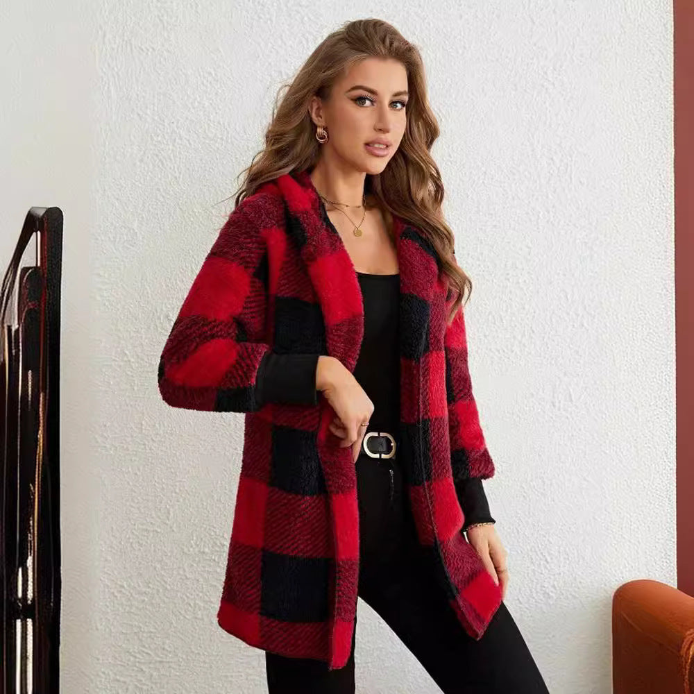 Coat Loose Plaid Color Stitching Knitted Cardigan Sweater