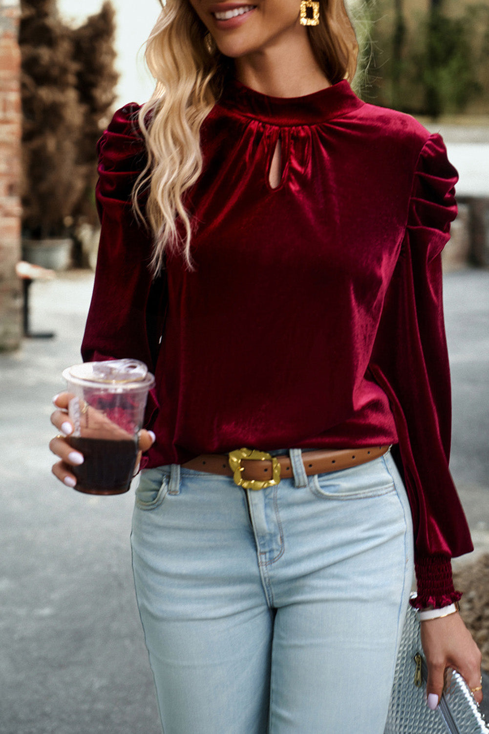 Sky Blue Fiery Mock Neck Puff Sleeve Velvet Blouse