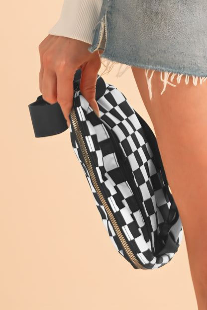 White Checkered Print Buckle Wide Belt Crossbody Bag