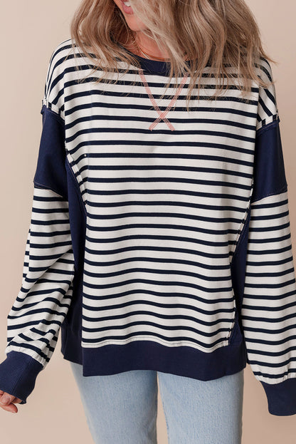 White Stripe Color Block Exposed Seam Loose Fit Sweatshirt