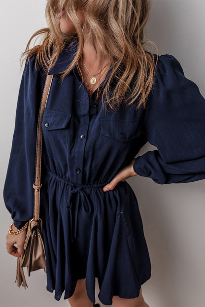 Navy Blue Solid Chest Pockets Tunic Shirt Mini Dress