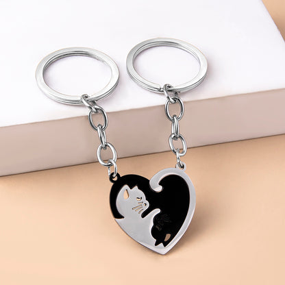 Love Heart Black White Cats Stainless Steel Couple Keychains