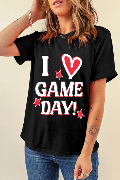 Black I Love GAME DAY Heart Printed Crewneck T Shirt