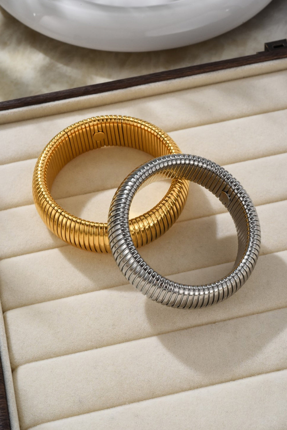 Gold Textured Striped Plated Titanium Steel Chunky Bangle