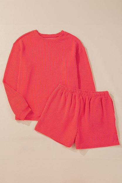 Chestnut Corded Knit Long Sleeve Top and High Waist Shorts Set