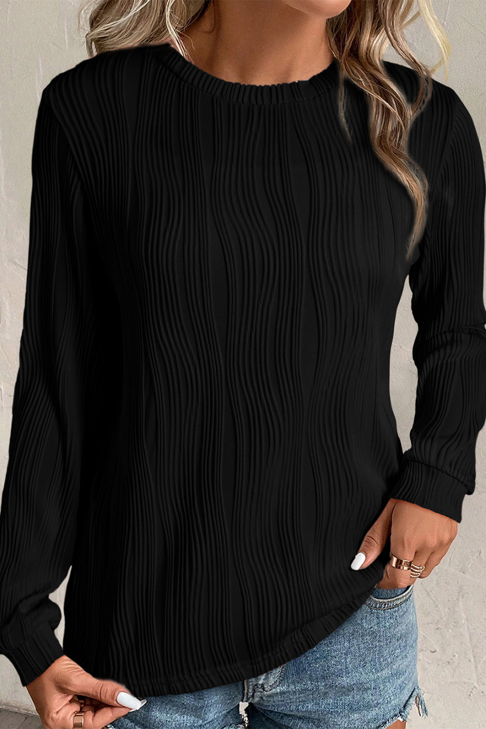 White Textured Wavy Round Neck Long Sleeve Top