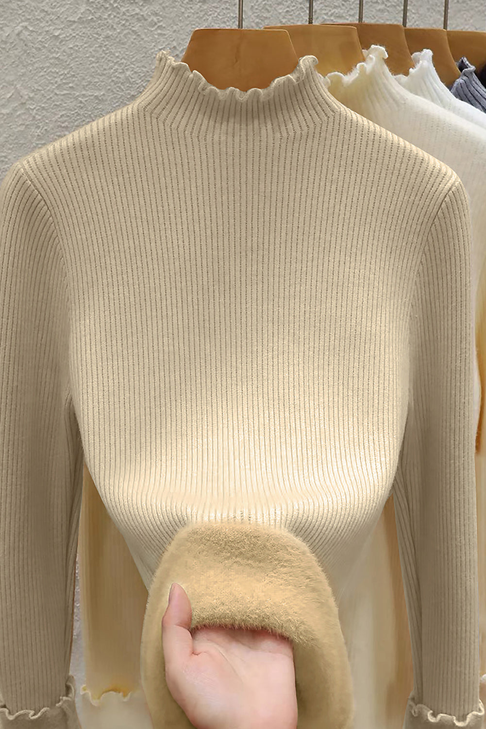 Apricot Fleece Lined Lettuces Edge High Neck Ribbed Slim Fit Sweater