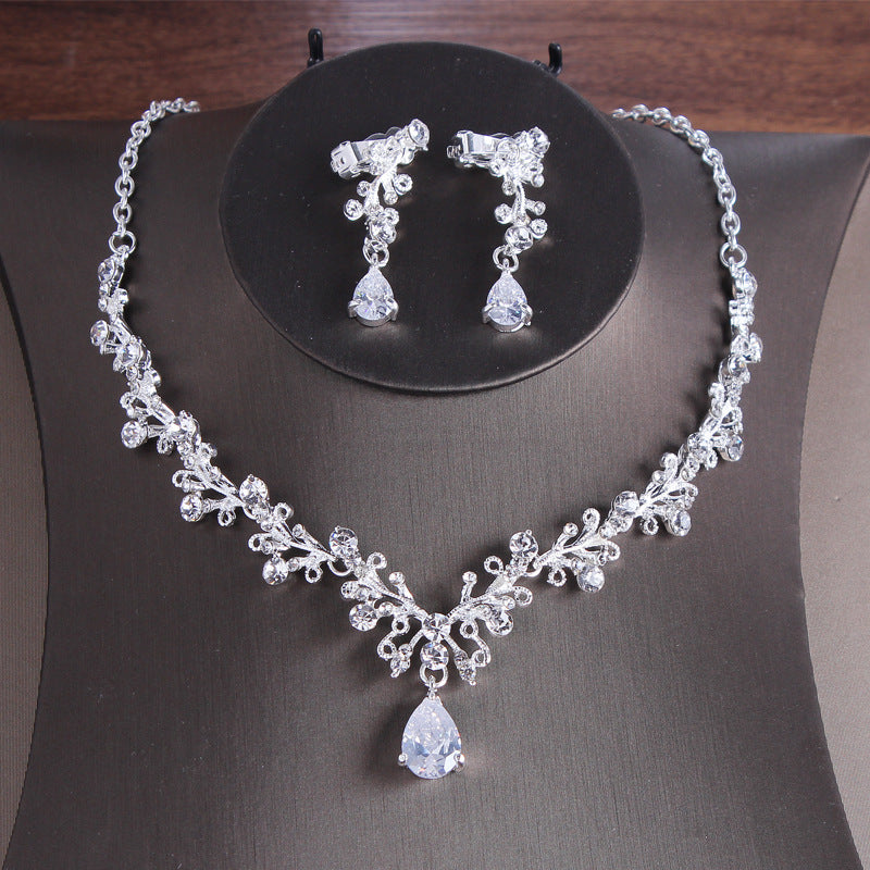 Korean Style Necklace And Earrings Suite Zircon Stud Earrings Alloy Set Chain