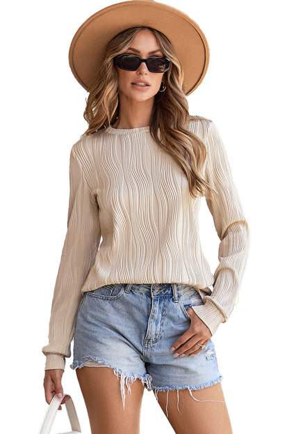 White Textured Wavy Round Neck Long Sleeve Top