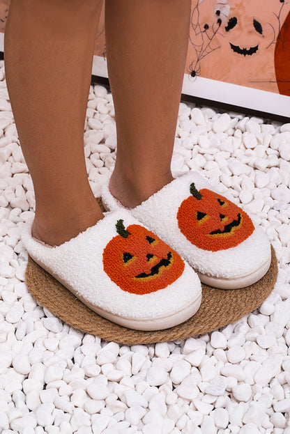 Black Halloween Pumpkin Print Plush Slippers