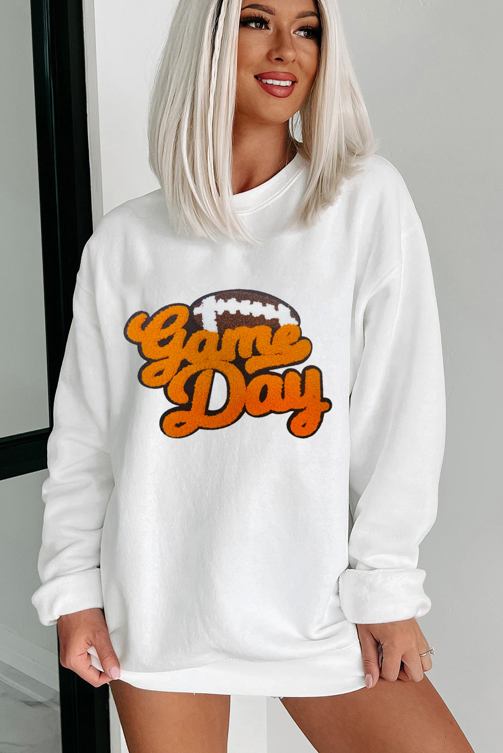 White Chenille Game Day Rugby Football Pattern Pullover Sweatshirt