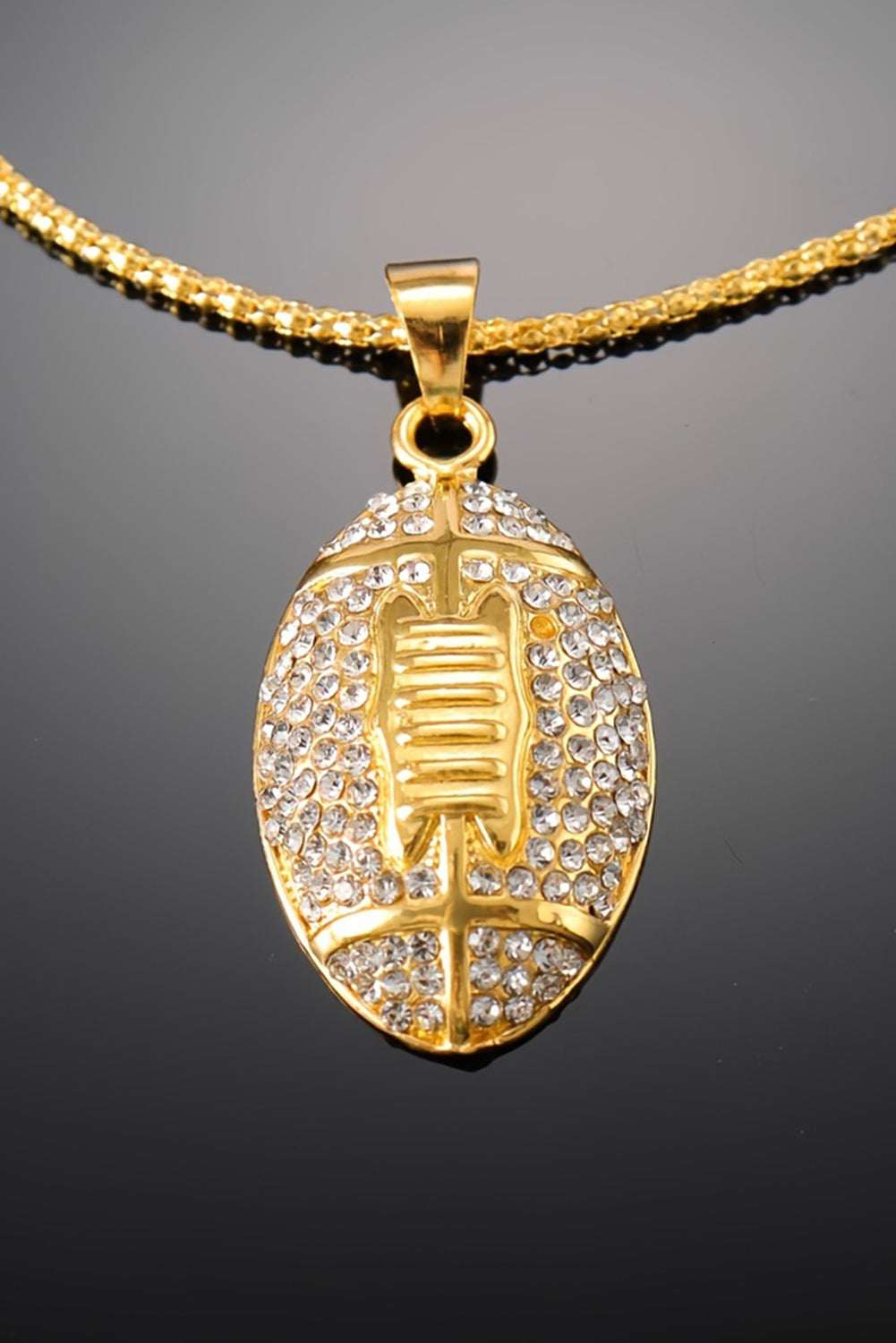 Gold Plated Rhinestone Rugby Football Pendant Necklace