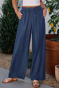 Black Side Pockets Frilled Smocked High Waist Wide Leg Jeans