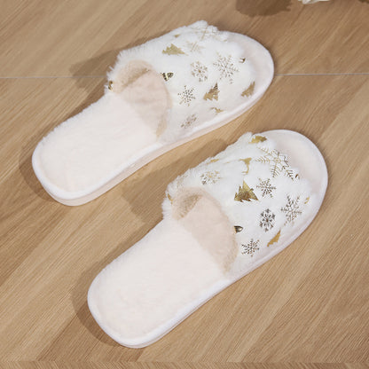 Christmas Plush Slippers Fashion Open-toed Home Slipper Indoor Warm Non-slip Floor Bedroom House Shoes For Couples Women Men