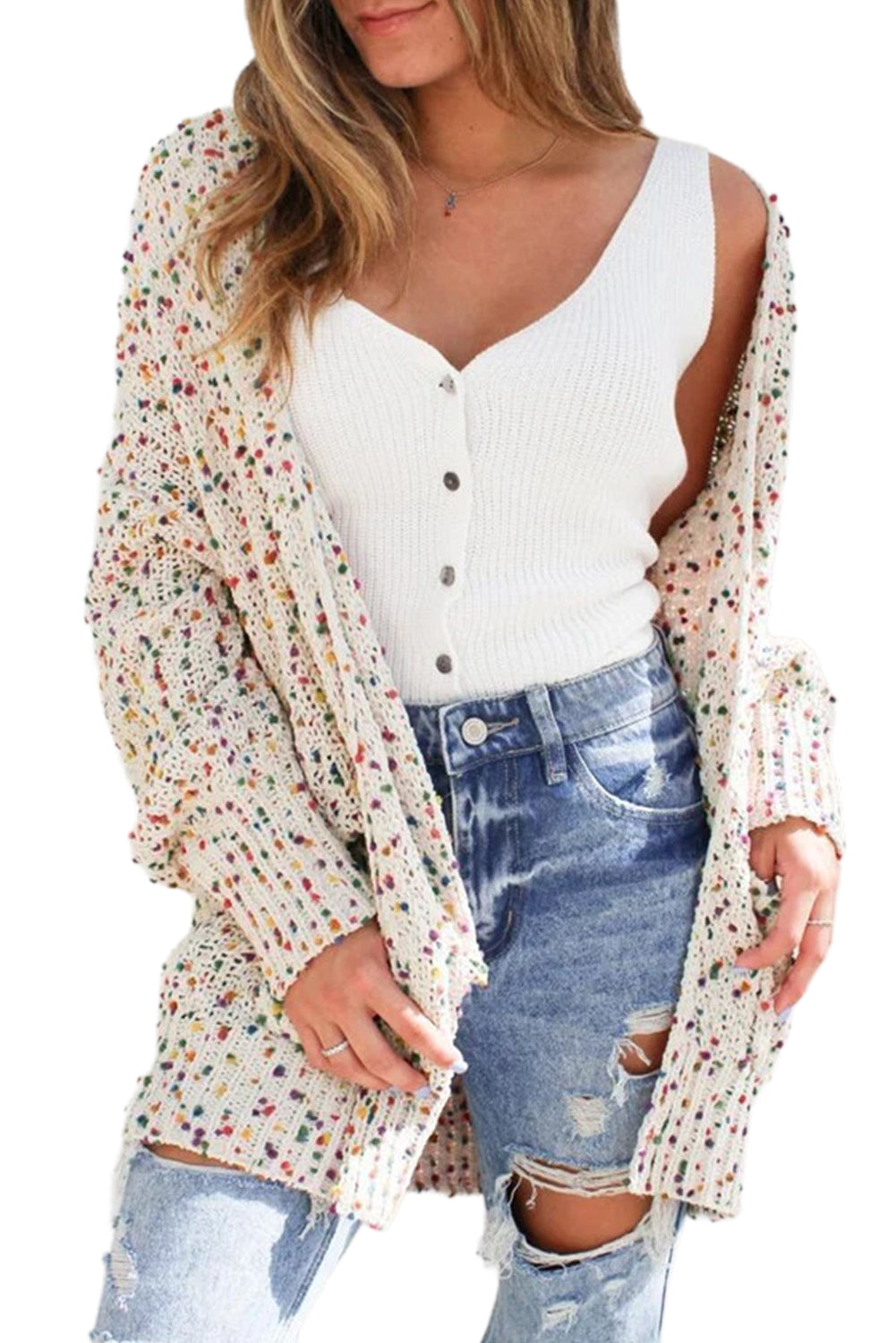 White Confetti Rib Knit Long Sleeve Cardigan