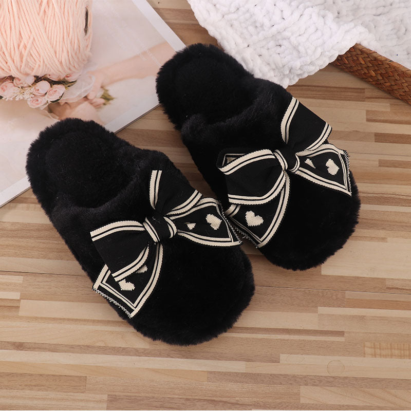 Ins Bow Slippers Home Fashion Warm Non-slip Floor Bedroom Slipper For Women House Shoes