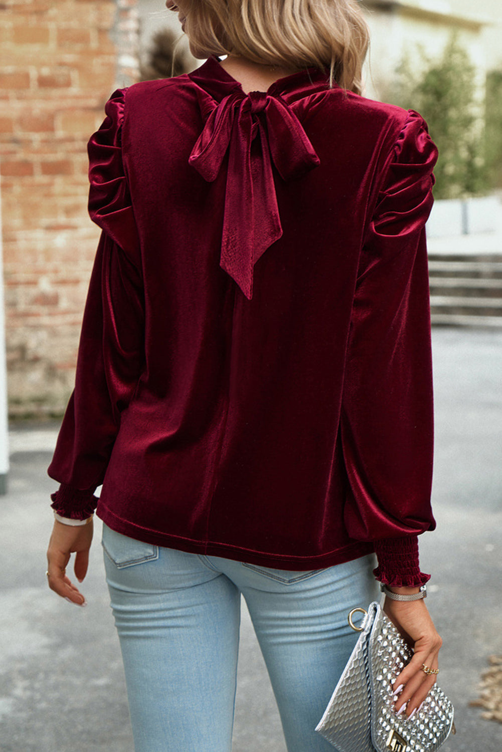 Sky Blue Fiery Mock Neck Puff Sleeve Velvet Blouse