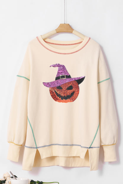 Black Glittering Pumpkin Wizard Graphic Exposed Seam Side Split Halloween Sweatshirt