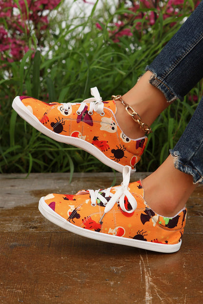 Black Halloween Pumpkin Ghost Print Lace-up Flat Shoes