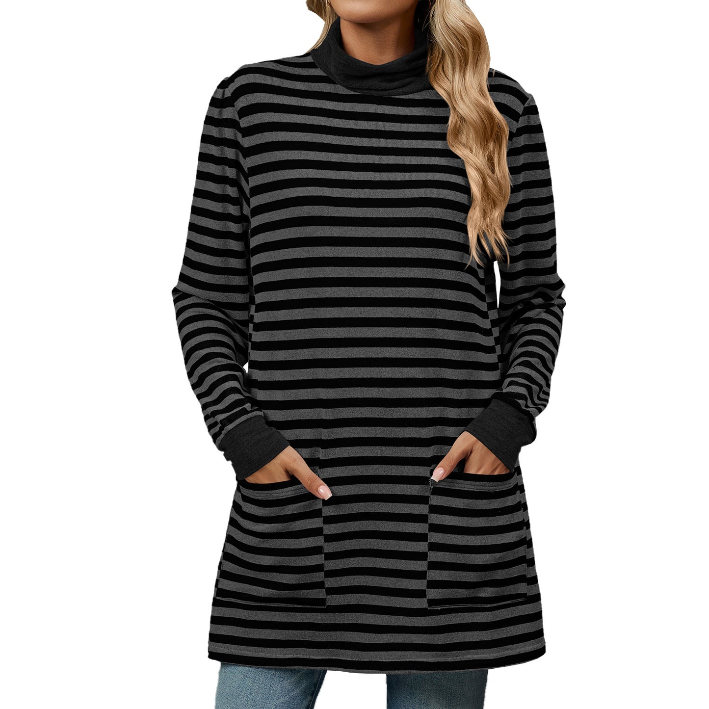 Striped Print Long Sweatshirt With Pocket Loose Long Sleeve Pullover T-shirt Top