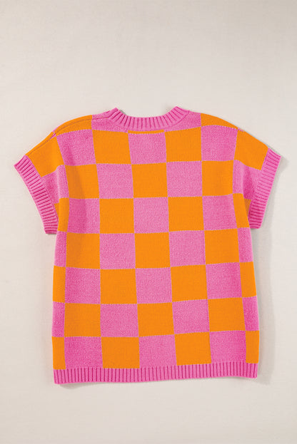 Strawberry Pink Colorblock Plaid Pattern Ribbed Trim Sweater Tank Top