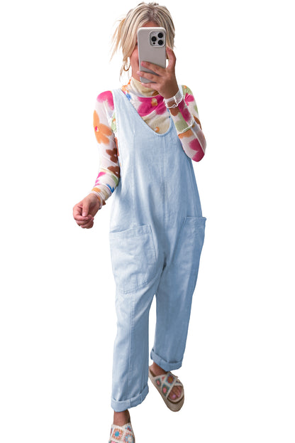 Beau Blue Adjustable Strap V Neck Pocketed Denim Overalls