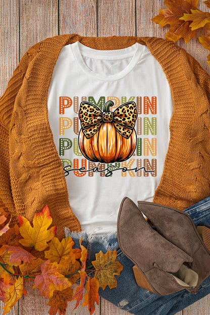 White PUMPKIN Season Leopard Bow Print Crew Neck T Shirt